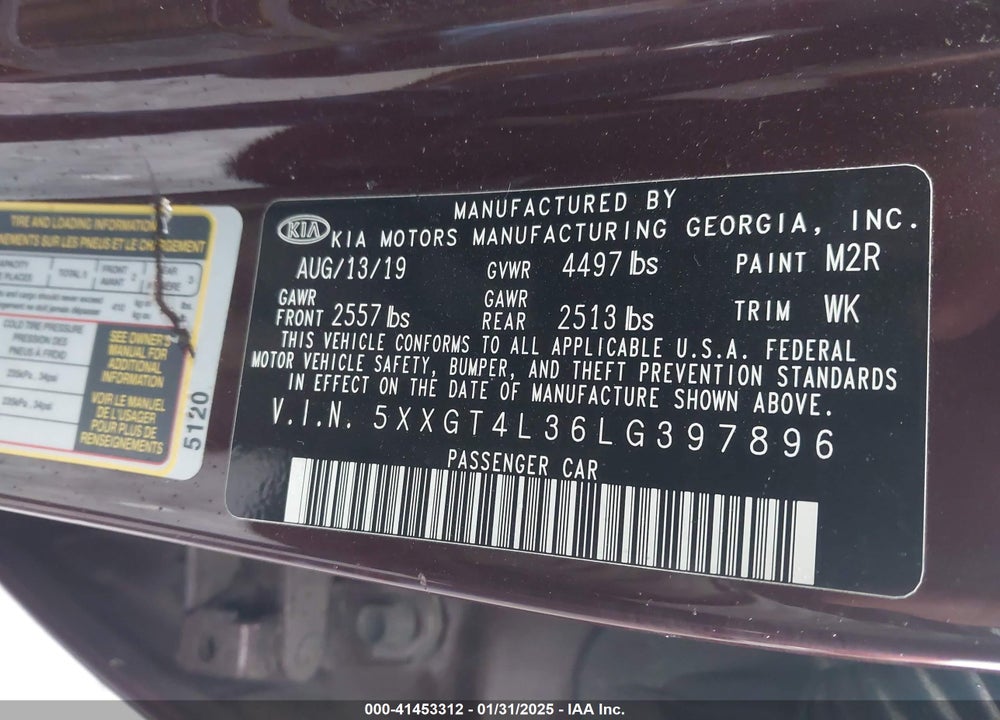 2020 KIA OPTIMA VIN: 5XXGT4L36LG397896