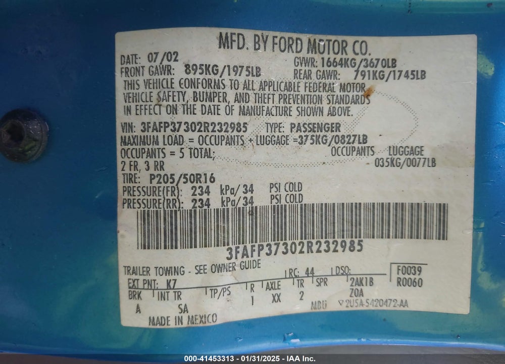 2002 FORD FOCUS ZX5 VIN: 3FAFP37302R232985