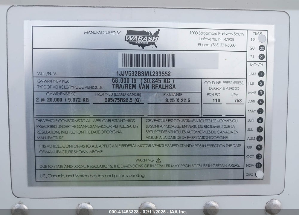 2021 WABASH NATIONAL CORP --- VIN: 1JJV532B3ML233552