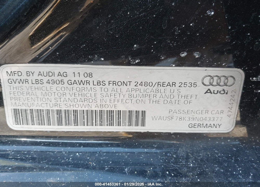 2009 AUDI A4 VIN: WAUSF78K39N043377