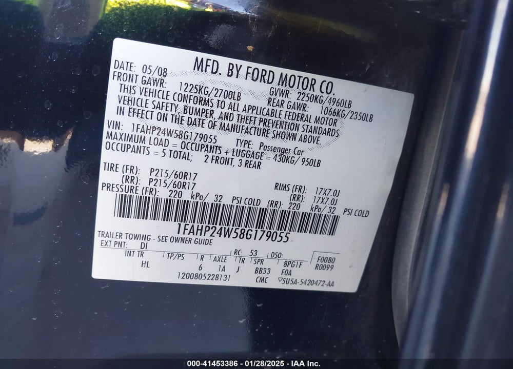 2008 FORD TAURUS SEL VIN: 1FAHP24W58G179055