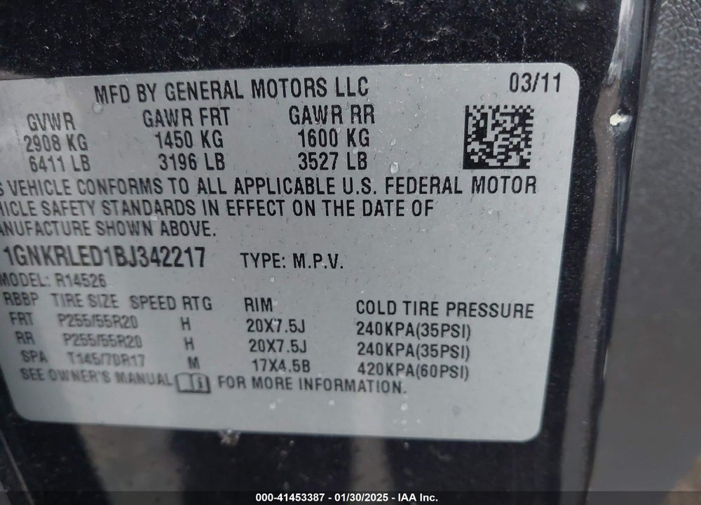 2011 CHEVROLET TRAVERSE LTZ VIN: 1GNKRLED1BJ342217