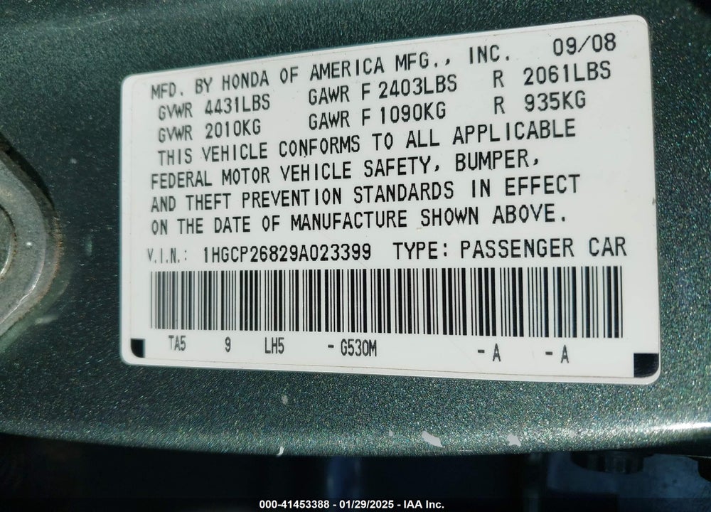 2009 HONDA ACCORD VIN: 1HGCP26829A023399