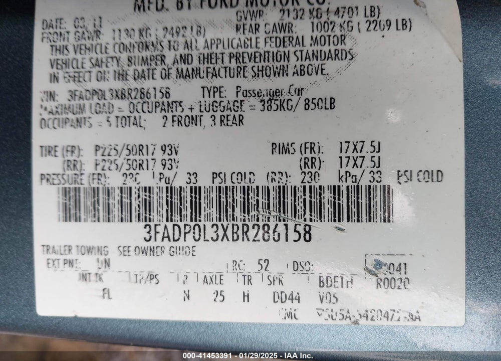 2011 FORD FUSION HYBRID VIN: 3FADP0L3XBR286158