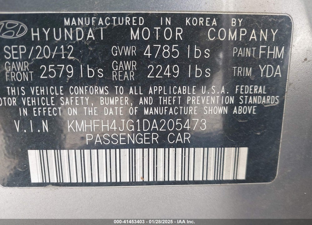 2013 HYUNDAI AZERA VIN: KMHFH4JG1DA205473