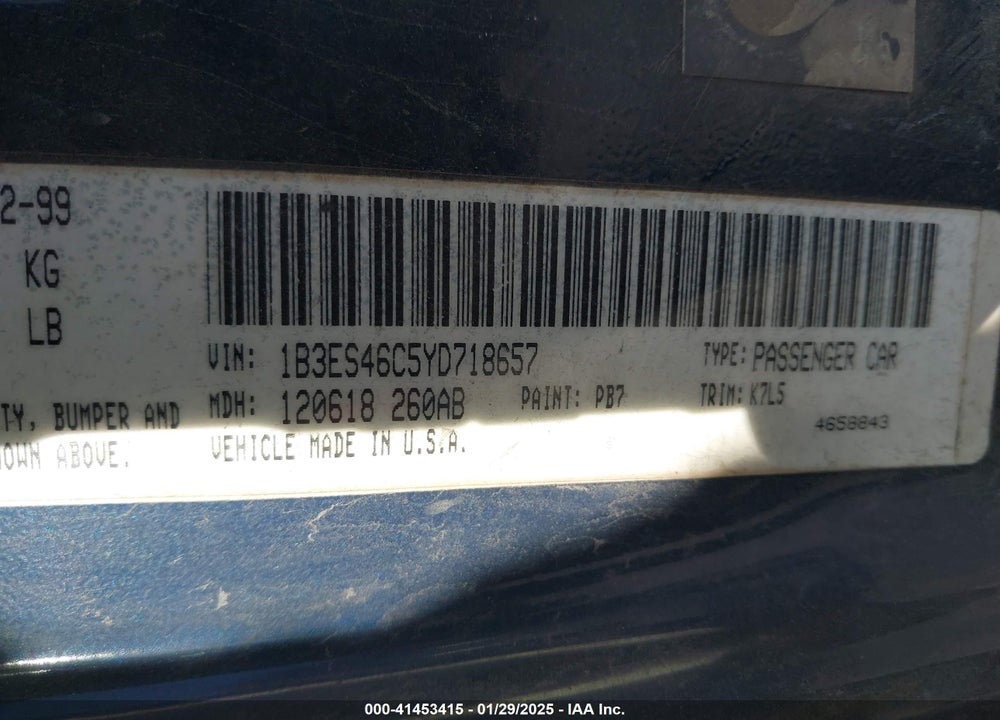 2000 DODGE NEON HIGHLINE VIN: 1B3ES46C5YD718657