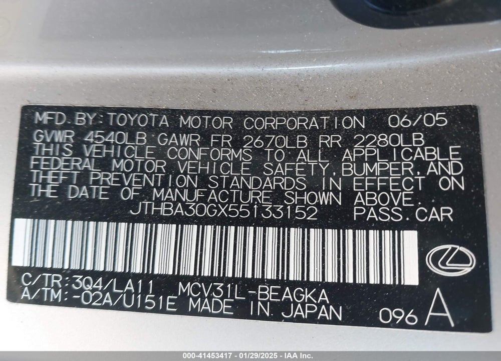 2005 LEXUS ES 330 VIN: JTHBA30GX55133152