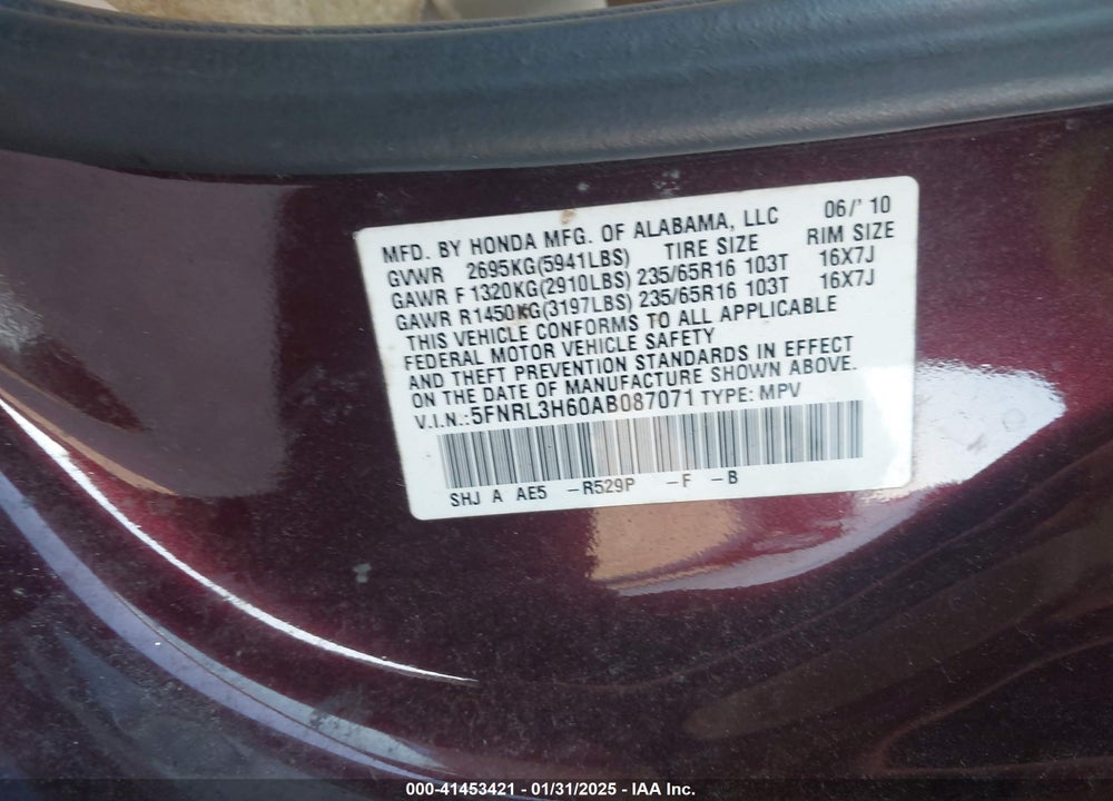 2010 HONDA ODYSSEY EX-L VIN: 5FNRL3H60AB087071