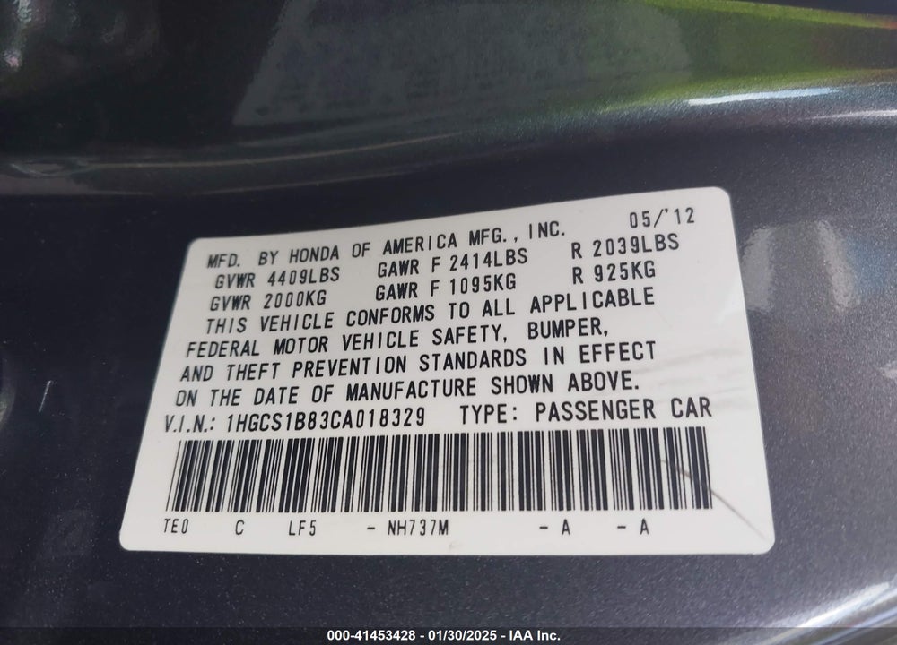 2012 HONDA ACCORD CPE VIN: 1HGCS1B83CA018329