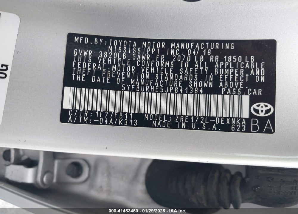 2018 TOYOTA COROLLA VIN: 5YFBURHE5JP841384