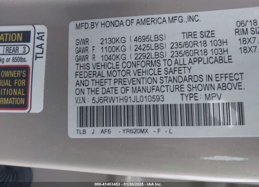 2018 HONDA CR-V TOURING VIN: 5J6RW1H91JL010593