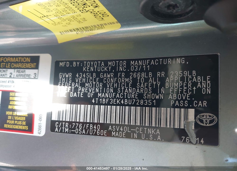 2011 TOYOTA CAMRY LE VIN: 4T1BF3EK4BU728351