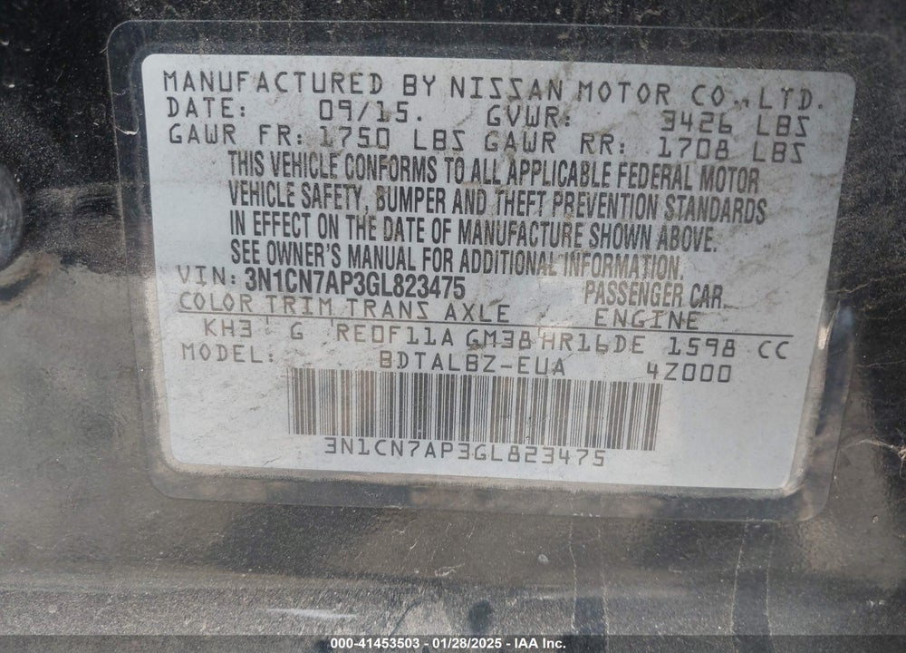 2016 NISSAN VERSA VIN: 3N1CN7AP3GL823475