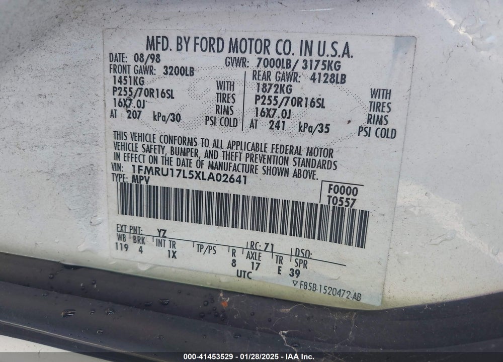 1999 FORD EXPEDITION EDDIE BAUER/XLT VIN: 1FMRU17L5XLA02641