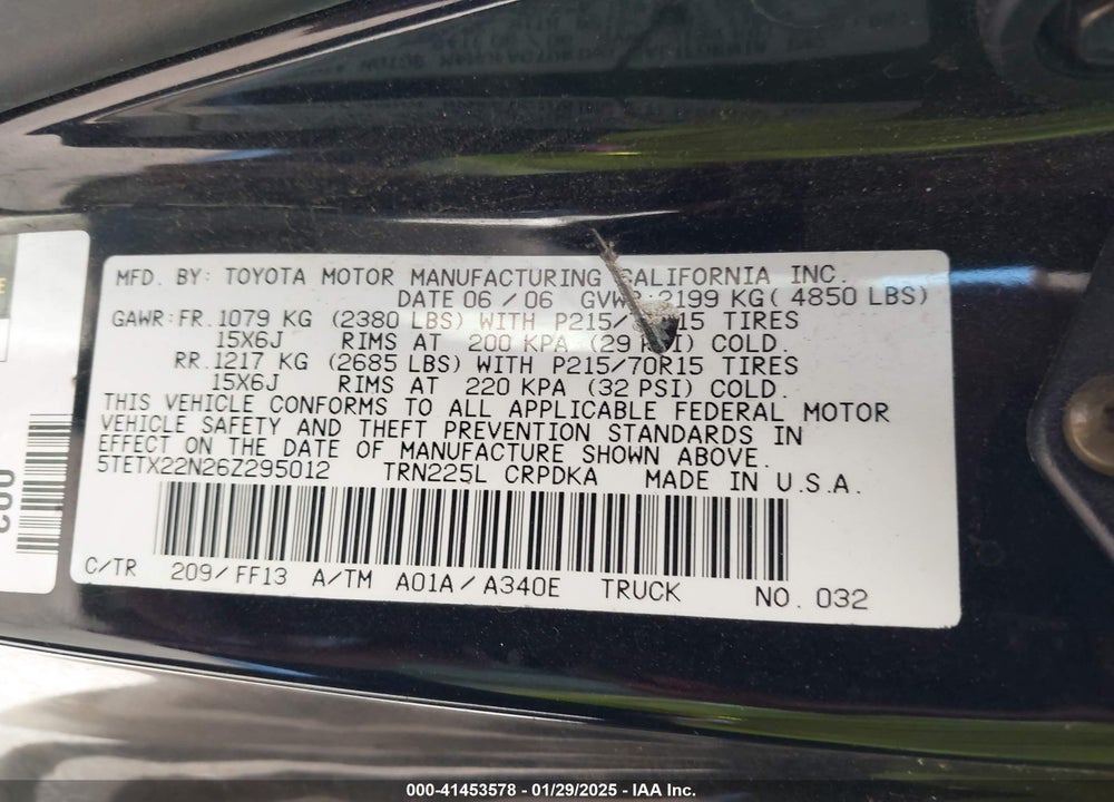 2006 TOYOTA TACOMA VIN: 5TETX22N26Z295012