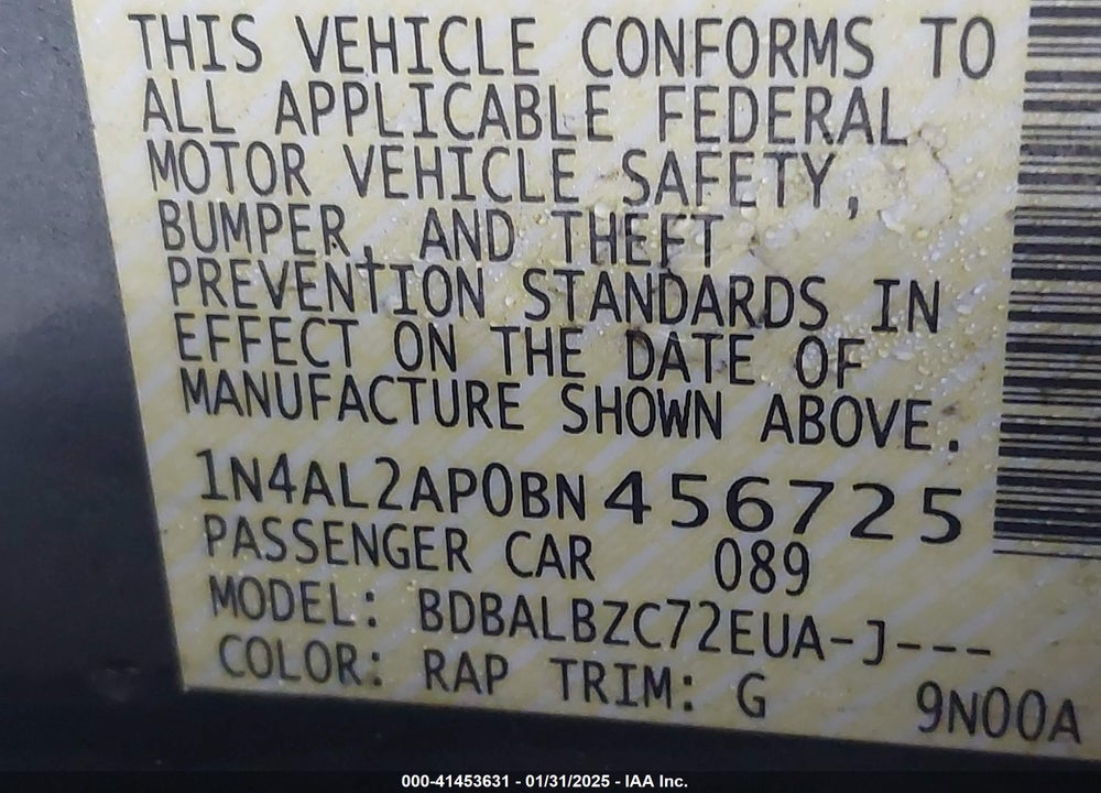 2011 NISSAN ALTIMA VIN: 1N4AL2AP0BN456725