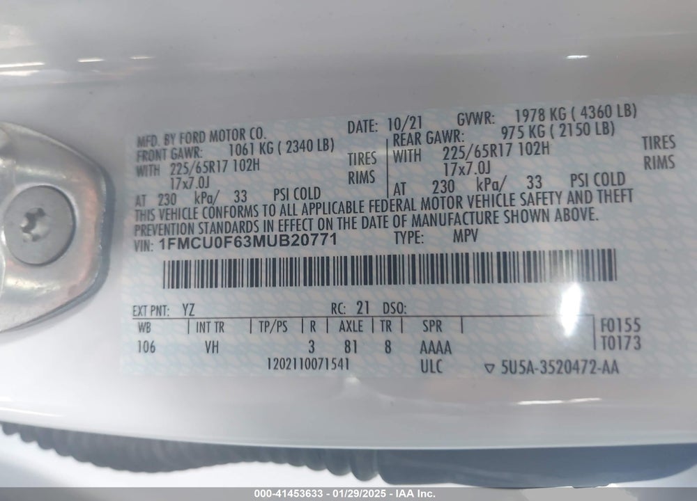 2021 FORD ESCAPE S VIN: 1FMCU0F63MUB20771