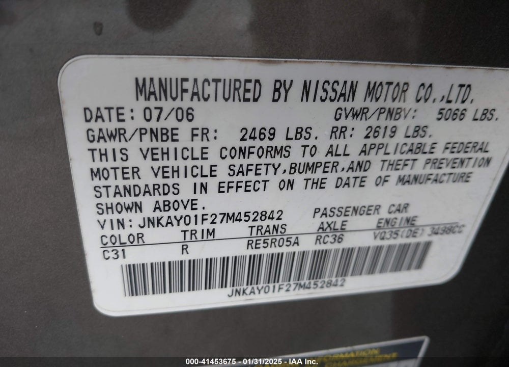 2007 INFINITI M35X VIN: JNKAY01F27M452842