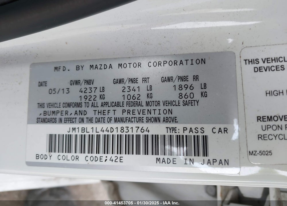 2013 MAZDA MAZDA3 VIN: JM1BL1L44D1831764