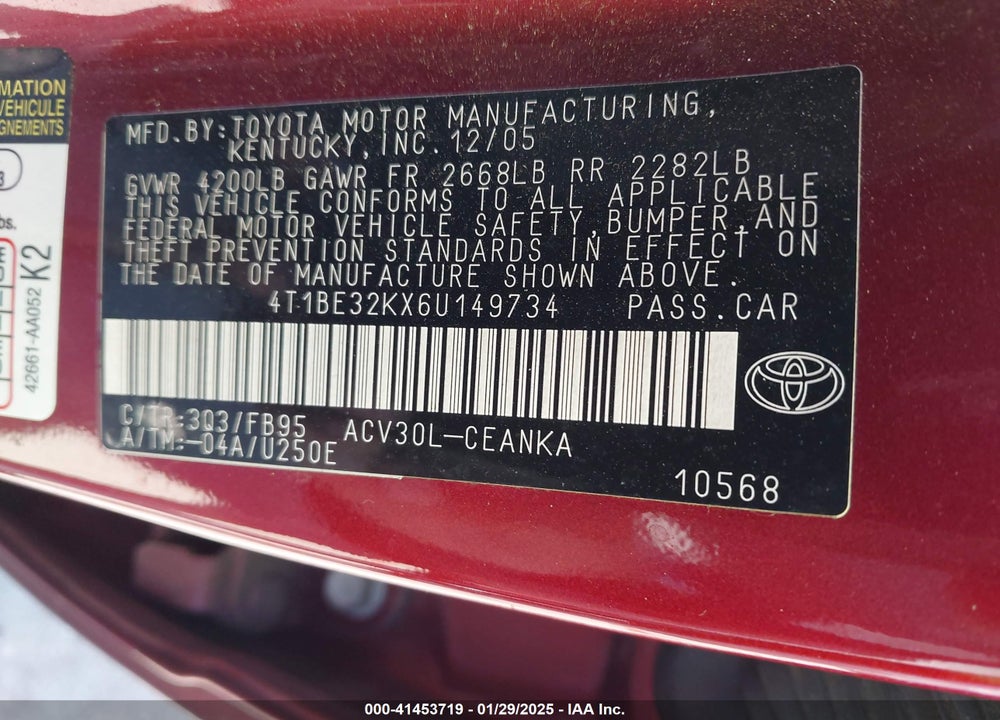 2006 TOYOTA CAMRY VIN: 4T1BE32KX6U149734