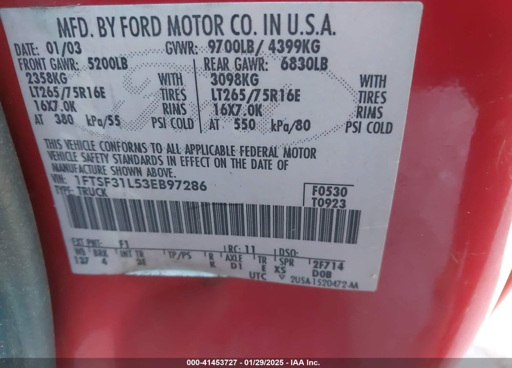 2003 FORD F-350 XL/XLT VIN: 1FTSF31L53EB97286