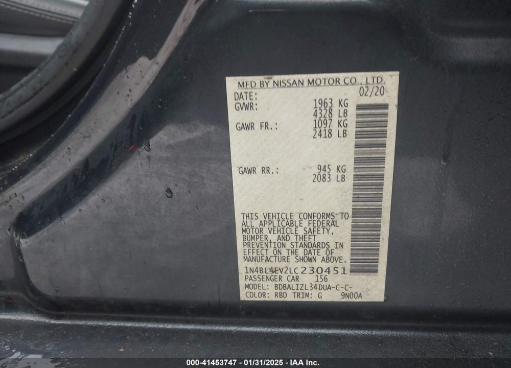 2020 NISSAN ALTIMA VIN: 1N4BL4EV2LC230451