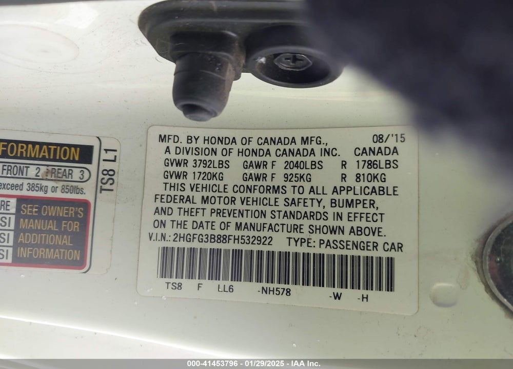 2015 HONDA CIVIC VIN: 2HGFG3B88FH532922