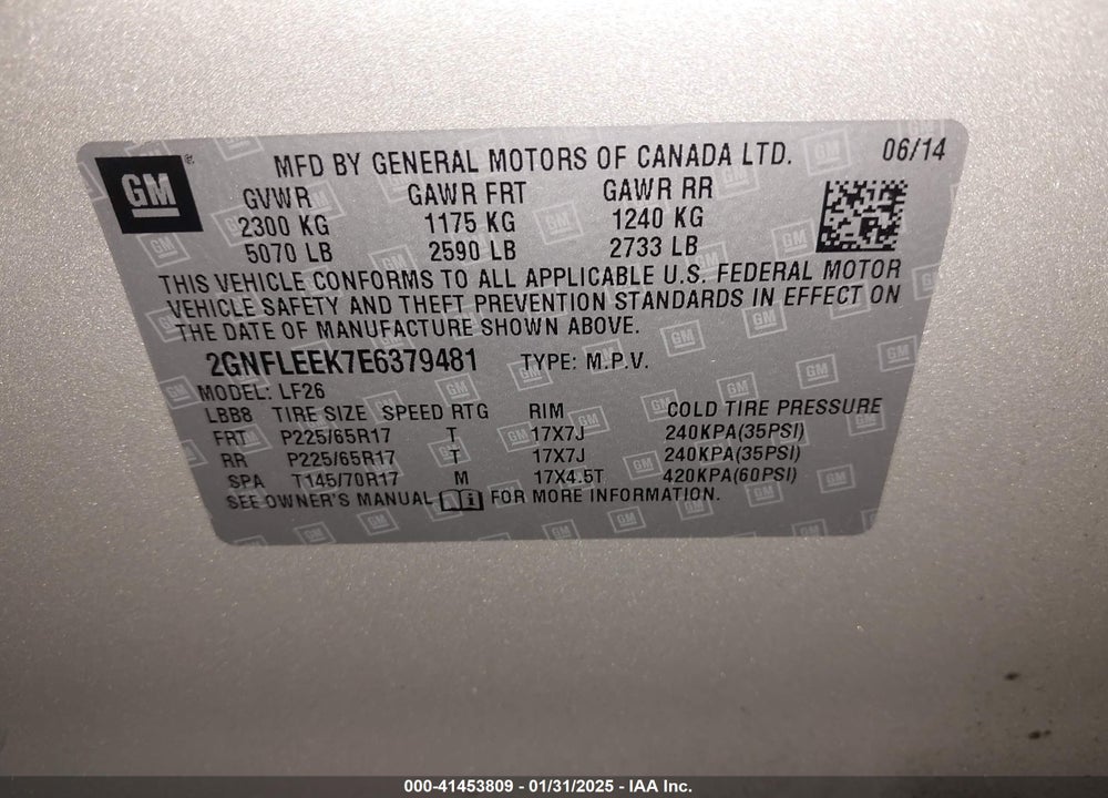 2014 CHEVROLET EQUINOX LS VIN: 2GNFLEEK7E6379481