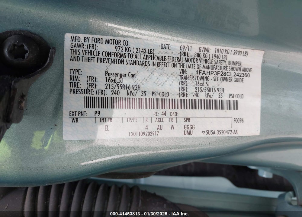 2012 FORD FOCUS VIN: 1FAHP3F28CL242360