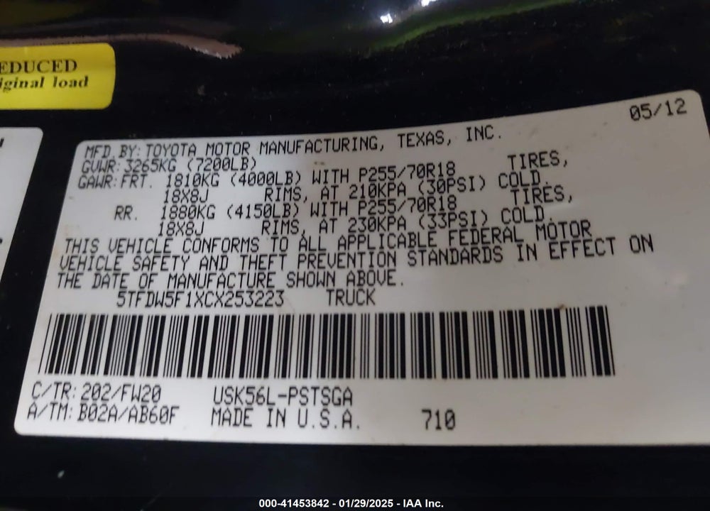 2012 TOYOTA TUNDRA VIN: 5TFDW5F1XCX253223