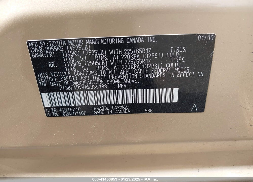 2010 TOYOTA RAV4 VIN: 2T3BF4DV4AW039188