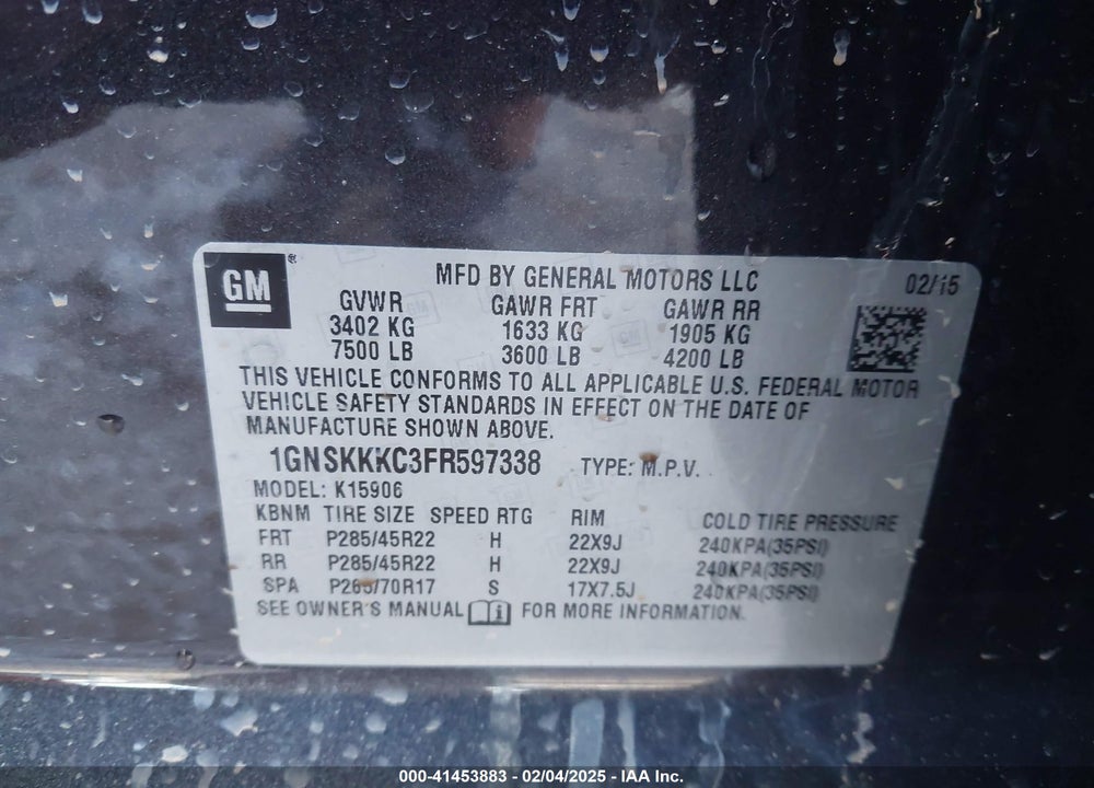 2015 CHEVROLET SUBURBAN VIN: 1GNSKKKC3FR597338