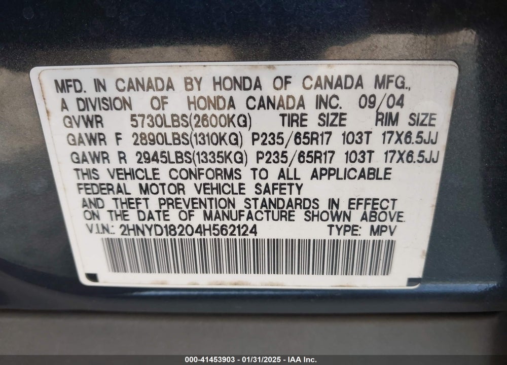 2004 ACURA MDX VIN: 2HNYD18204H562124
