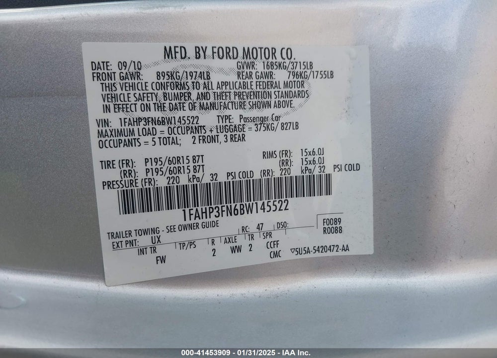2011 FORD FOCUS SE VIN: 1FAHP3FN6BW145522