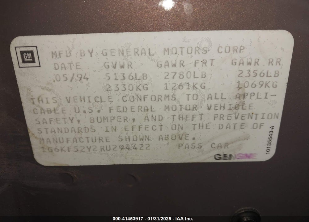 1994 CADILLAC DEVILLE CONCOURS VIN: 1G6KF52Y2RU294422