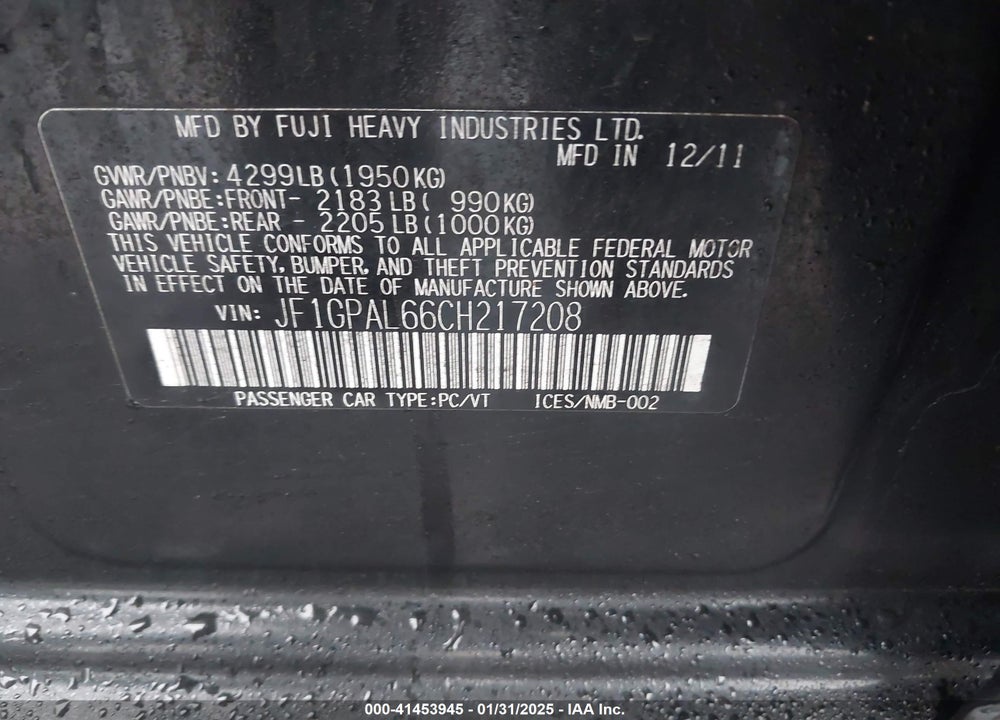 2012 SUBARU IMPREZA VIN: JF1GPAL66CH217208