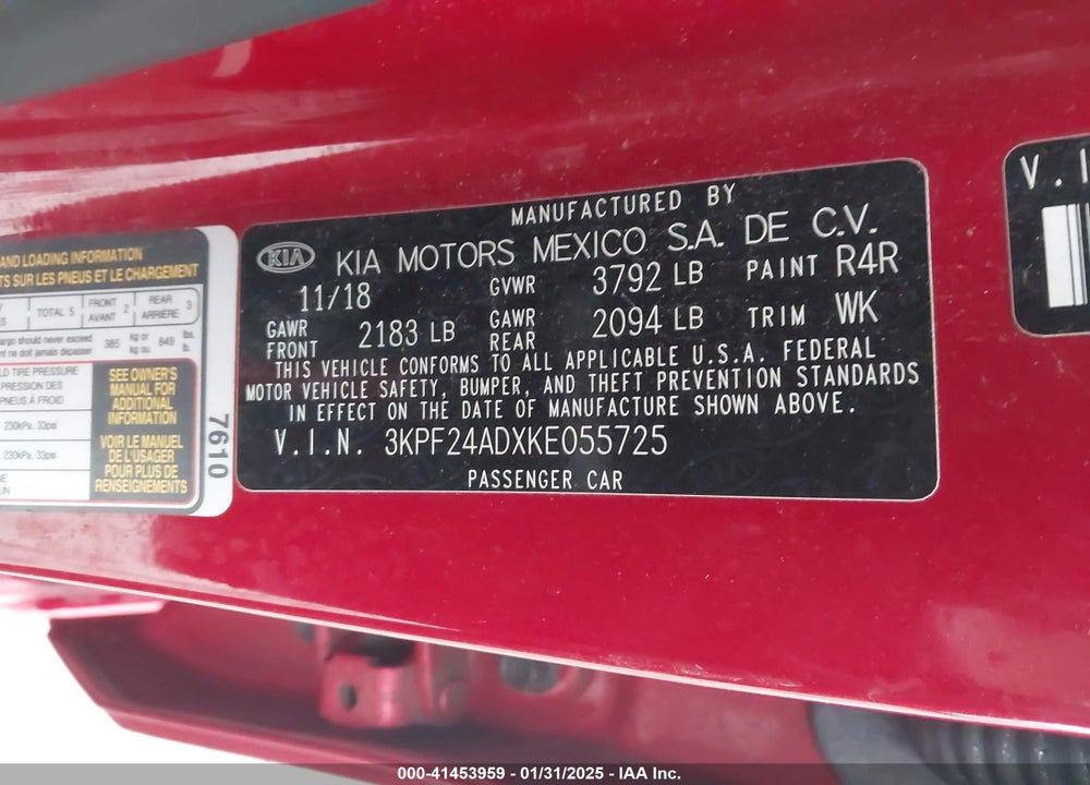 2019 KIA FORTE VIN: 3KPF24ADXKE055725