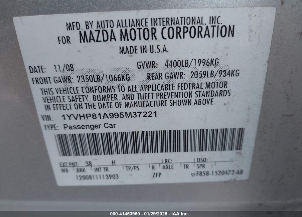 2009 MAZDA MAZDA6 VIN: 1YVHP81A995M37221