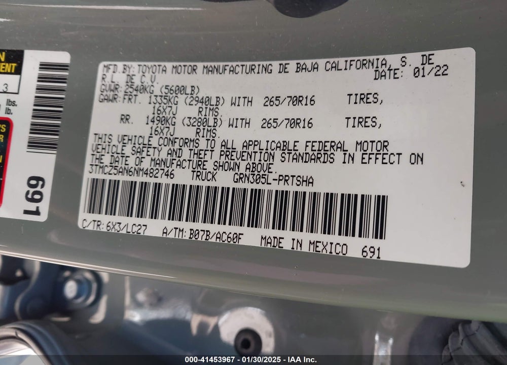 2022 TOYOTA TACOMA VIN: 3TMCZ5AN6NM482746