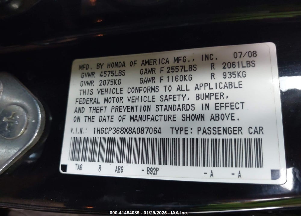 2008 HONDA ACCORD VIN: 1HGCP368X8A087064