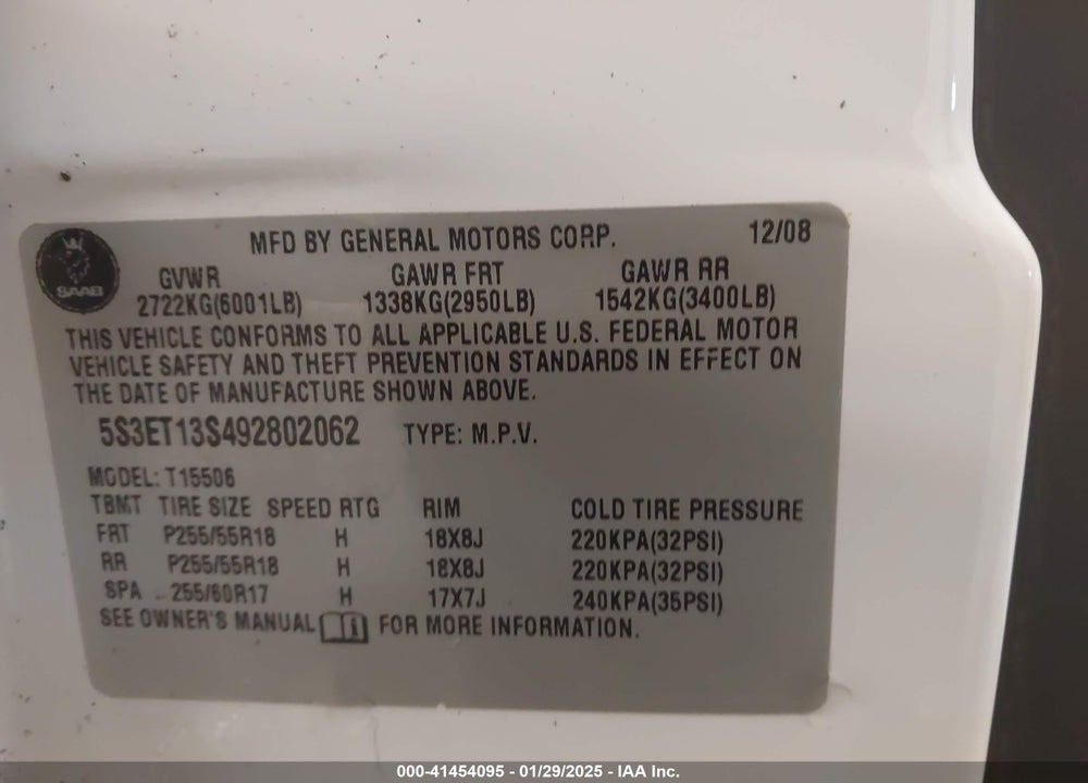 2009 SAAB 9-7X 4.2I VIN: 5S3ET13S492802062