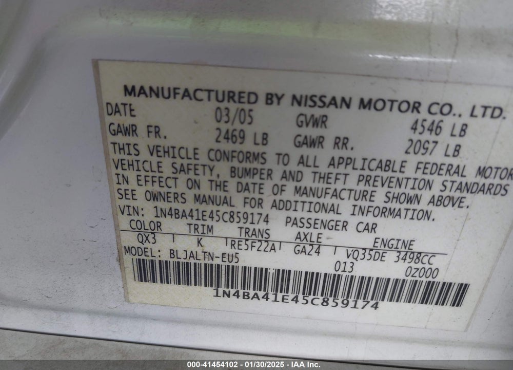 2005 NISSAN MAXIMA 3.5 SE VIN: 1N4BA41E45C859174