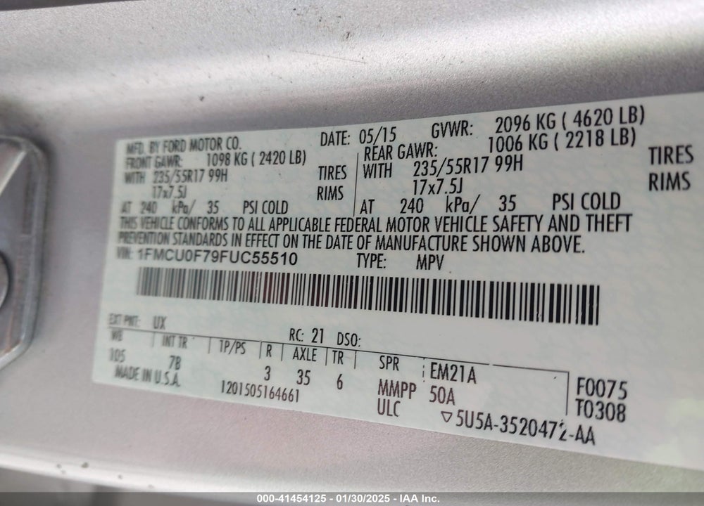 2015 FORD ESCAPE S VIN: 1FMCU0F79FUC55510