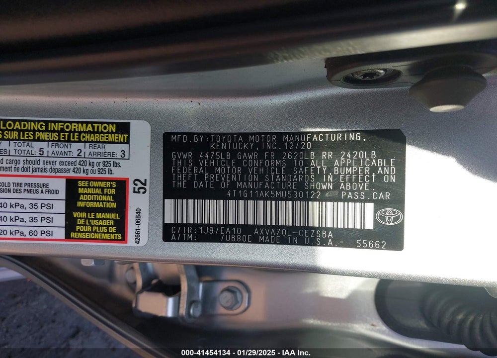 2021 TOYOTA CAMRY VIN: 4T1G11AK5MU530122