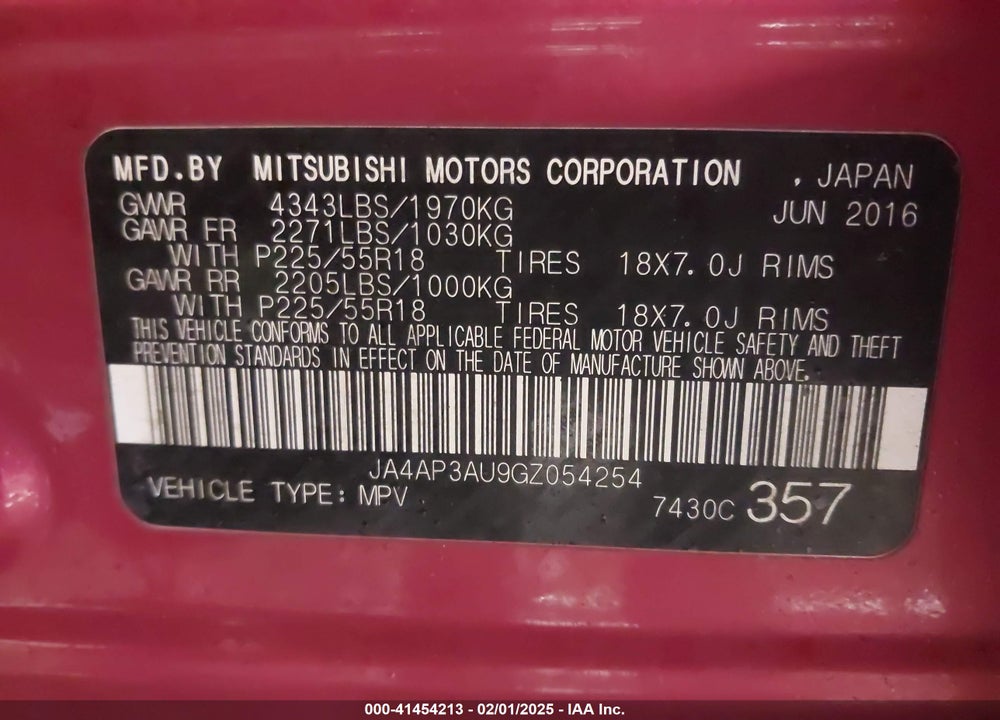 2016 MITSUBISHI OUTLANDER SPORT VIN: JA4AP3AU9GZ054254