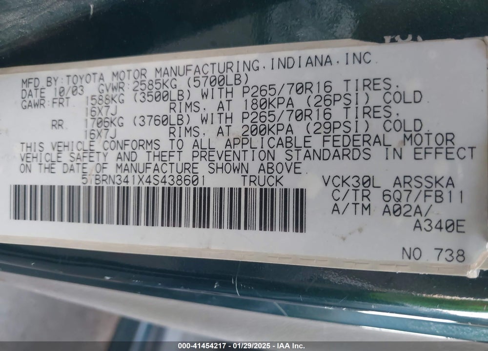2004 TOYOTA TUNDRA VIN: 5TBRN341X4S438601