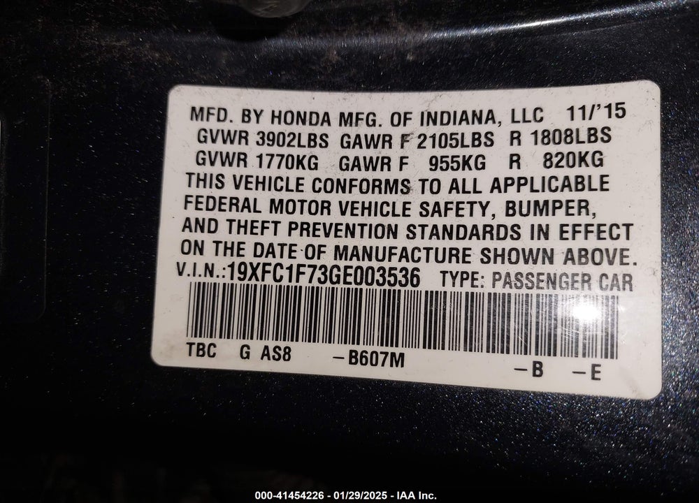 2016 HONDA CIVIC EX-L VIN: 19XFC1F73GE003536