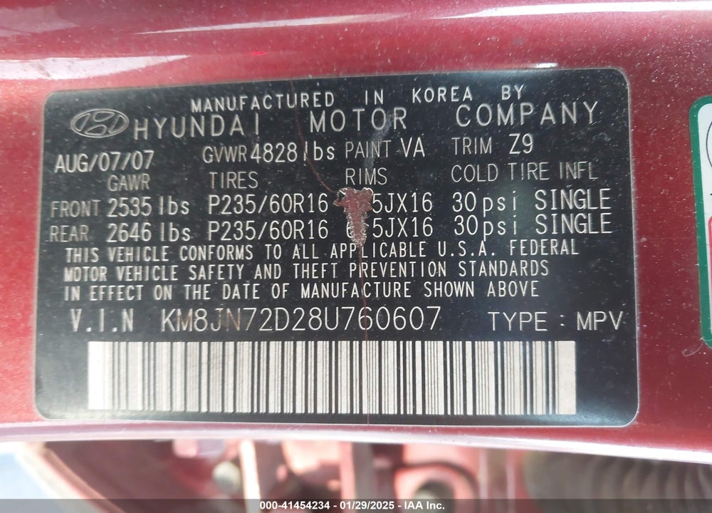 2008 HYUNDAI TUCSON LIMITED V6/SE VIN: KM8JN72D28U760607
