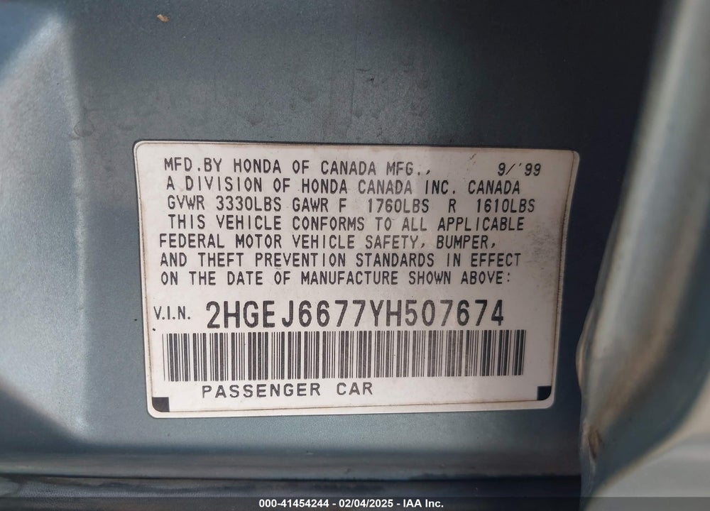 2000 HONDA CIVIC LX VIN: 2HGEJ6677YH507674