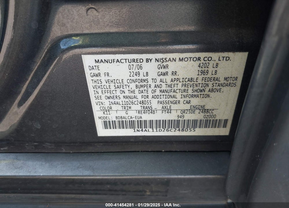 2006 NISSAN ALTIMA 2.5 S VIN: 1N4AL11D26C248055